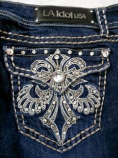 LA Idol Women Plus Bootcut Jeans Crystal Fleur De Lis Stretch in Dark Blue at  Womens Clothing store