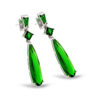 Sterling Silver Rhodium Plated Long Dangling Green Emerald Color Tear Drop Cz Post Earrings: Jewelry