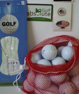 Mens Gift Box 36 Recycled Golf Balls in Mesh Bag With Free Tee's & Magnetic American Flag Golf Ball Marker/Hat Clip & Glove White Left Large Golf Glove  Golf Gift Sets  Sports & Outdoors
