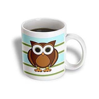 3dRose Cute Brown Owl Blue Green Stripe Ceramic Mug, 15 Ounce: Kitchen & Dining