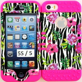 Apple Iphone 5s/5 Black & White Zebra with Flower Protective Cover Case on Pink Silicone Gel Hybrid Dual Layer Case Cover. Cell Phones & Accessories