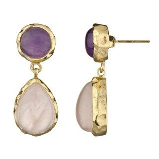 Silverd Gold Pear Drop Earrings   Genuine Rose Quartz and Amethyst: Dangle Earrings: Jewelry