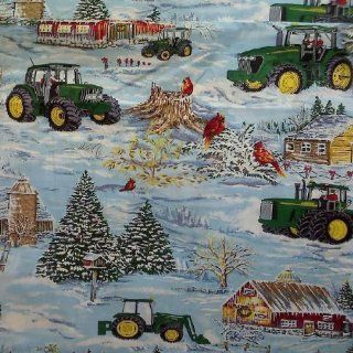 44" Wide Fabric "John Deere Winter Holiday with Snowy Winter Farm Scene: Tractors, House, Trees and Cardinals" Fabric By the Yard : Other Products : Everything Else