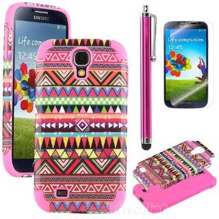 Hard Plastic Snap on Cover Fits Samsung I337 I9500 Galaxy S 4 Pink Tribal Pink TUFF Hybrid(Outside Hard Pink Tribal Cover, Inside Pink Soft Silicone Skin) +Pink Pen/Stylus+Front and Back LCD Screen Protective Films+Cleaning Cloth+Application Card AT&T: