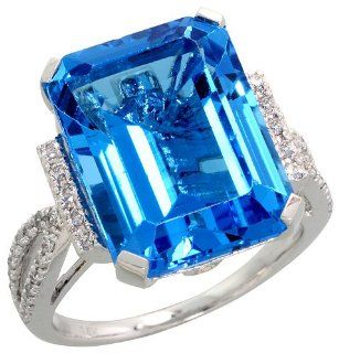 14k White Gold Large Stone Ring, w/ 0.23 Carat Brilliant Cut Diamonds & 13.00 Carats 16x12mm Emerald Cut Blue Topaz Stone, 5/8" (16mm) wide, size 6.5: Jewelry
