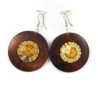 (Brown) Dangle, Wood, Round Shape Sun Flower Earrings, Summer, Spring Fashion. Nickel and Lead Free Jewelry
