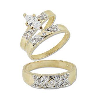 14k Yellow Gold, X Trio Three Piece Wedding Ring Set Marquise Lab Created Gems: Jewelry