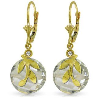14k Solid Gold Leverback Earrings with Green Amethyst and bezel set Diamonds: Jewelry