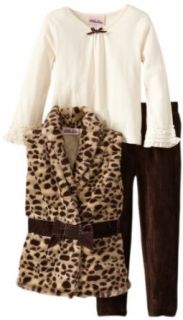 Little Lass Girls 2 6X 3 Piece Belted Leopard Faux Fur Vest Set, Brown, 3T: Clothing