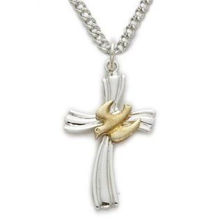 3/4" Sterling Silver 2 Tone Holy Spirit Ribbon Cross Necklace with Dove on 18" Chain: Jewelry