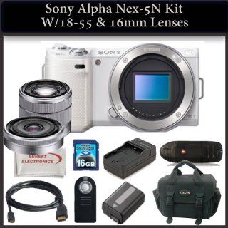 Sony Alpha Nex 5N Kit with 16mm & 18 55mm Lenses. Package Includes: Sony Nex5N Digital Camera(White) Sony E Mount SEL 1855 18 55mm f/3.5 5.6 Zoom Lens, Sony E Mount SEL16F28 16mm f/2.8 Wide Angle Alpha E Mount Lens, 16GB Memory Card & Much Much Mor