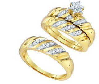 His and Her Wedding Ring set 0.34CTW DIAMOND FASHION TRIO SET 10KT Yellow Gold: Jewelry