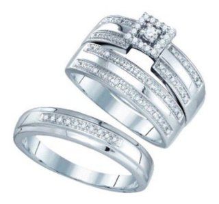 0.23 cttw 10k White Gold Engagement Ring Wedding Band His Her Trio Bridal Set (Real Diamonds: 1/4 cttw, Ring Sizes 4 13): Jewelry