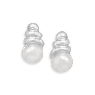 Sterling Silver Cultured Freshwater Pearl with Swirl Top Post Earrings: Vishal Jewelry: Jewelry
