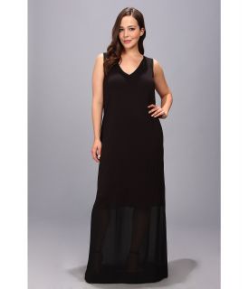DKNYC Plus Size Lightweight Jersey Sleeveless V Neck Maxi Dress w/ Chiffon Yoke/Hem Womens Dress (Black)