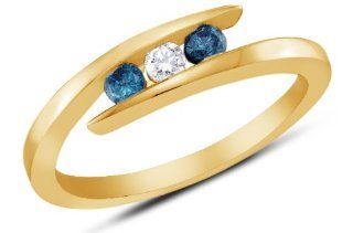 10K Yellow Gold Channel Set Journey Round Brilliant Cut Blue and White Diamond Ladies Womens Wedding Band OR Anniversary Ring (1/4 cttw.): Jewelry