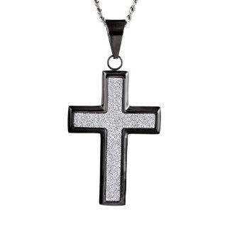 Crucible Men's Black Plated Stainless Steel Sandblasted Cross Pendant Necklace   24 Inch Curb Chain: Pendant Necklaces: Jewelry