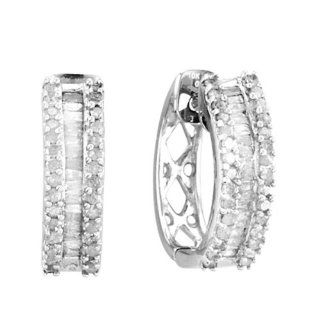 10K White Gold 0.5cttw Breathtaking Classic Channel and Prong Set Baguette and Round Diamond Hoop Earring: Jewelry