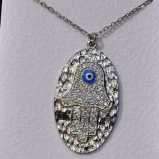 Silver Evil Eye Hamsa Pendant with Adjustable 16"   18" Chain: Jewelry