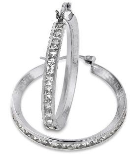 14k White Gold with Princess Cut White Crystals Accented With Greek Design 4.0mm Thick & up to 37.0mm Wide Hoop Earrings: Jewelry