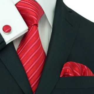 Landisun 654 Bright Red Stripes Mens Silk Tie Set Tie+Hanky+Cufflinks Exclusive at  Mens Clothing store Neckties