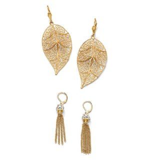 PalmBeach Jewelry 14k Yellow Gold Plated Filigree Leaf and Multi Chain Drop Earrings 2 Pairs Set: Jewelry