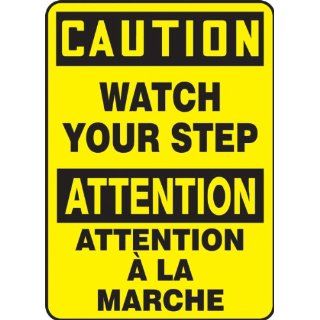 Accuform Signs FBMSTF661VP Plastic French Bilingual Sign, Legend "CAUTION WATCH YOUR STEP/ATTENTION A LA MARCHE", 10" Width x 14" Length, Black on Yellow Industrial Warning Signs