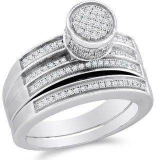 .925 Sterling Silver Plated in White Gold Rhodium Diamond Ladies Bridal Engagement Ring with Matching Wedding Band Two 2 Ring Set   Round Shape Center Setting w/ Micro Pave Set Round Diamonds   (.38 cttw): Jewelry