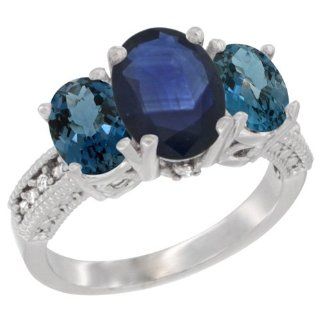 14K White Gold Natural Blue Sapphire Ring Ladies 3 Stone 8x6 Oval with London Blue Topaz Sides Diamond Accent, sizes 5   10: Jewelry