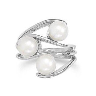 Sterling Silver Rhodium Plated Cultured Freshwater Pearl Ring: Jewelry