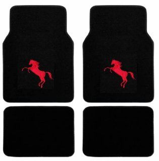4 Pieces Red Pony Mustang Horse Logo Premium Black Carpet Front & Rear Floor Mats Set Universal Automotive
