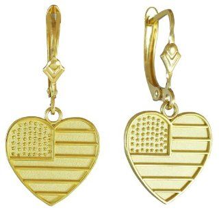 10k Yellow Gold Heart Shaped US American Flag Leverback Earrings: Jewelry