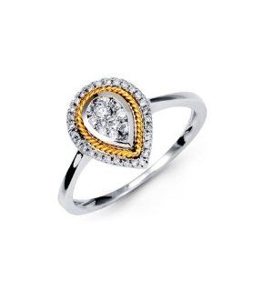18K Yellow Solid White Gold Teardrop Round Diamond Ring: Jewelry