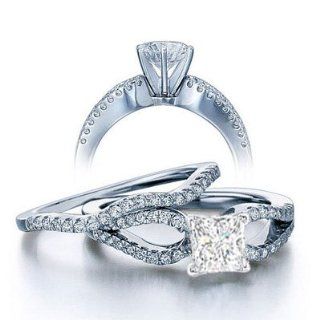 1.00 Carat Princess Diamond Engagement Ring Bridal Set Engagement Rings on 18K White Gold: FineTresor Jewelry