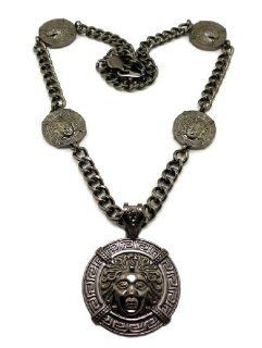 Gun Metal Multiple Medusa Heads on Disc Pendant with a 10mm 30 Inch Link Chain: Jewelry