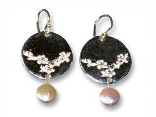 Sterling Silver Double Sided Japanese Cherry Blossom Flower / Coral Earrings with Pearl   Coin Earrings, Pearl Earrings: Efy Tal: Jewelry