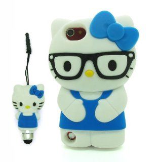 DD Blue 3D Cartoon Cute Super Adorable Hello Kitty with Glasses Soft Silicone Case Skin Protective Cover for Apple iPod Touch iTouch 5 5G 5th Generation with 3D Silicone Hello Kitty Stylus Touch Pen   Players & Accessories