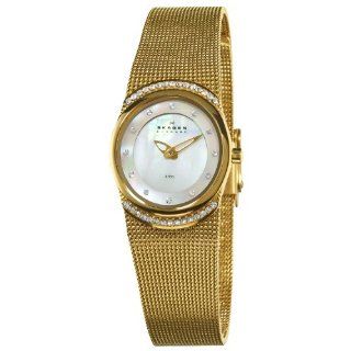 Skagen Women's 686XSGG Crystal Accented Mother of Pearl Gold Mesh Watch: Skagen: Watches