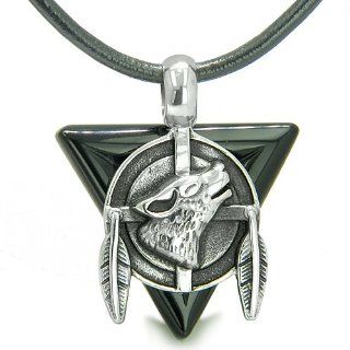 Amulet Arrowhead Howling Wolf Trinity Dreamcatcher Triangle Protection Energies Black Onyx Pendant on Leather Cord Necklace: Jewelry