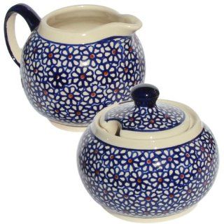 Polish Pottery Sugar Bowl and Creamer From Zaklady Ceramiczne Boleslawiec #694/711 120 Classic Pattern, Sugar Bowl: Height: 3.7" Creamer: Height: 3.4": Kitchen & Dining