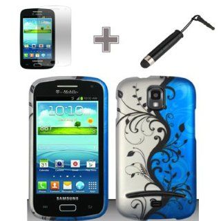 Rubberized Blue Black Silver Vine Flower Snap on Design Case Hard Case Skin Cover Faceplate with Screen Protector and Stylus Pen for Samsung Galaxy S Relay 4G T699 / T Mobile Cell Phones & Accessories