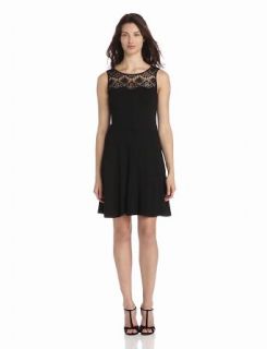 Jessica Simpson Women's Lace Yoke Fit And Flare Dress, Black, 6