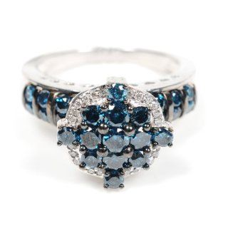 Women's Round Cut Blue Diamond & White Diamond Ring .925 Sterling Silver Fine Jewelry: Jewelry
