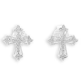 18K White Gold Vintage Style Round Diamond Accents Maltese Religious Latin Cross Stud Earrings (1/10 cttw, G H Color, VS2 SI1 Clarity): Jewelry
