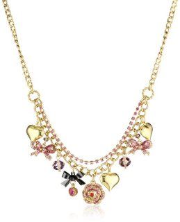 Betsey Johnson "Iconic Ombre Rose" Bow Multi Charm Necklace Jewelry