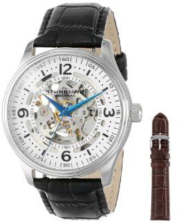 Stuhrling Original Men's 730.SET.01 Delphi Denmark Automatic Skeleton Black Leather Strap Watch with Additional Strap: Watches