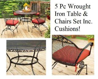 5 Pc Outdoor Black Wrought Iron Dining Table Chairs Set with Cushions 