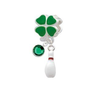 Lucky Bowling Pin Green Four Leaf Clover European Charm Bead Hanger with Emerald Crystal Drop: Jewelry