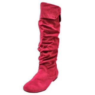 Luxury Divas Fuchsia Pink Tall Suede Styled Ruched Flat Boots Leggings Women Shoes
