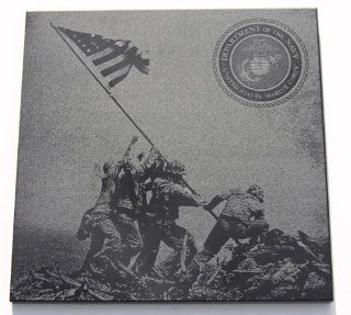 WWII Iwo Jima Flag Raising 6"x6" Black Marble Plaque Navy Marines Veterans   Decorative Plaques